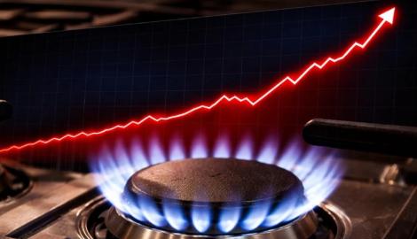 Een symbolische illustratie van stijgende energie- of gasprijzen. Op de voorgrond is een brandende gaspit te zien met een blauwe vlam. Daarboven loopt een felrode stijgende grafieklijn met een pijl omhoog, wat duidt op prijsstijgingen, groeiende kosten of toenemende energietarieven.